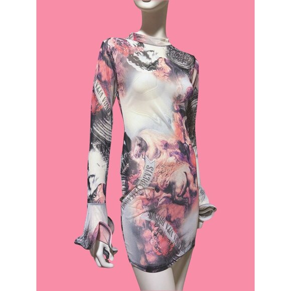 Sheer Mesh Dress M Ruffle Art is Long Renaissance Graphic Baddie Y2K Style USA - Picture 1 of 9